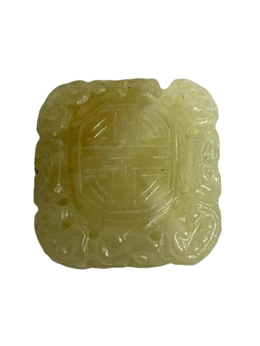 VINTAGE CHINESE CELEDON GREEN NEPHRITE JADE -SHOU SYMBOL  - SQUARE BEAD, PENDANT